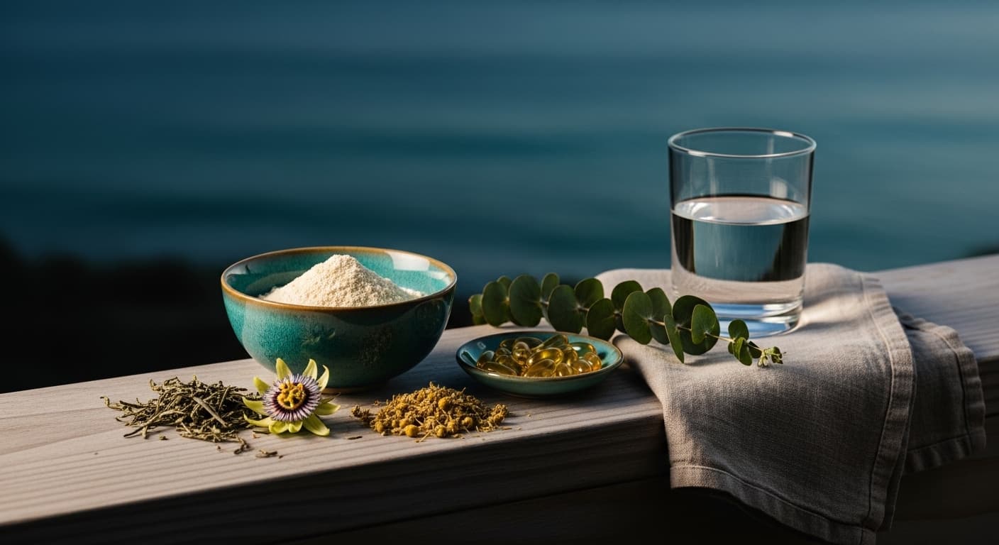 Natural sleep-supporting ingredients including herbal botanicals, magnesium glycinate, and B vitamins
